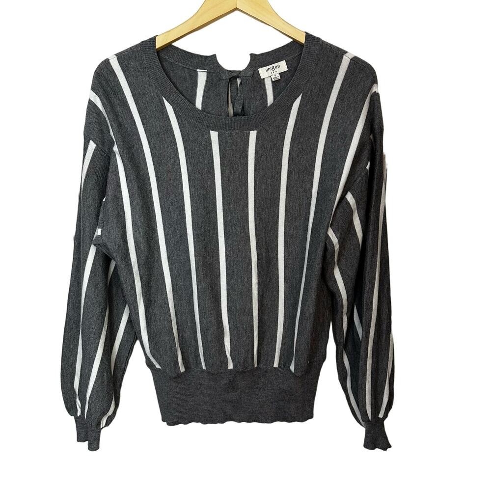 Umgee Knit Top Womens Small Gray White Striped Balloon Drop Sleeves Twist‎ Back